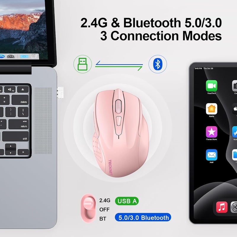 TECKNET Wireless Mouse (BT5.0/3.0 & 2.4G) Rechargeable 4800 DPI Silent USB A & Bluetooth Mouse 6 Buttons, Wide Compatibility - Pink - Image 2